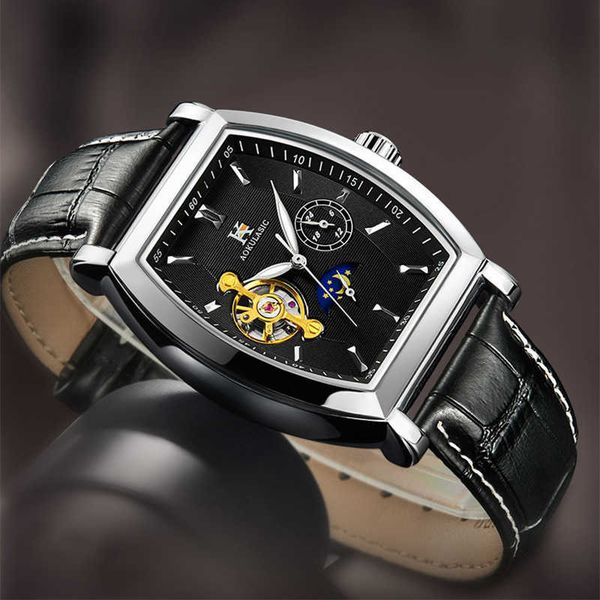 watch wrist swiss business full automatic mechanical oguras new popular luminous leather men's waterproof, Slivery;brown