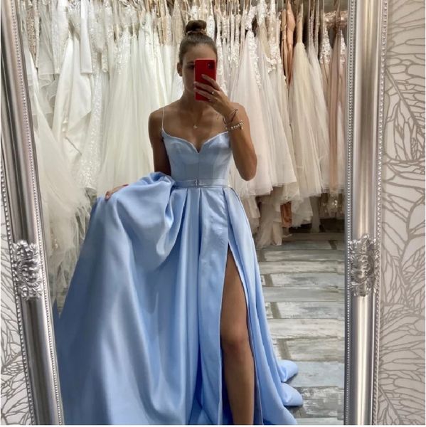 light blue sweetheart long prom dresses split backless a line evening dress party for women vestido de festa chic, Black
light blue sweetheart long prom dresses split backless a line evening dress party for women vestido de festa chic, Black