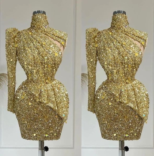 2023 sparkly gold sequins prom dresses one shoulder long sleeves high neck above knee length sheath custom made evening gown formal occasion, Black
2023 sparkly gold sequins prom dresses one shoulder long sleeves high neck above knee length sheath custom made evening gown formal occasion, Black