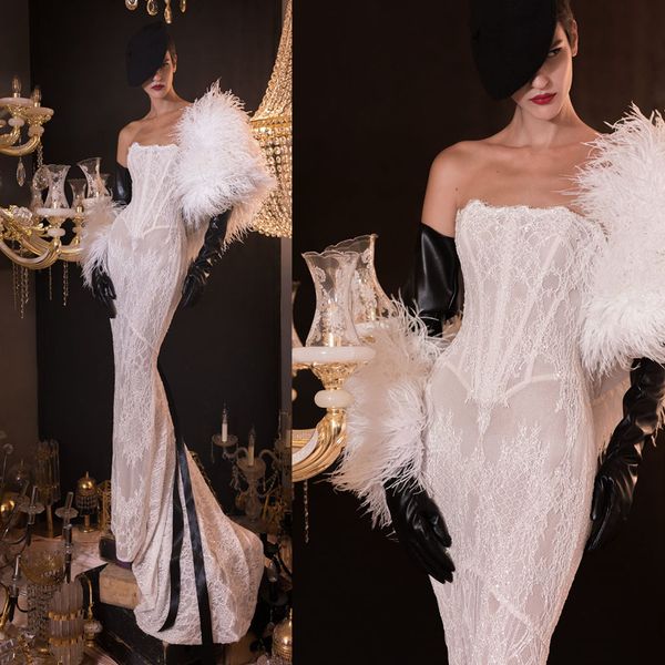 glamorous mermaid wedding dresses strapless one sleeve with feather lace applicant court gown custom made plus size vestidos de novia, White
glamorous mermaid wedding dresses strapless one sleeve with feather lace applicant court gown custom made plus size vestidos de novia, White