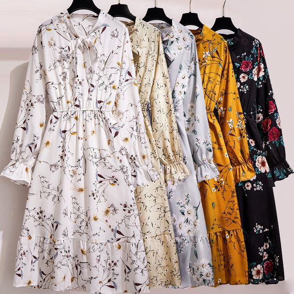 party dresses women floral chiffon dress autumn winter long sleeve elastic waist bow collar casual elegant office vestidos 221203, White;black
party dresses women floral chiffon dress autumn winter long sleeve elastic waist bow collar casual elegant office vestidos 221203, White;black