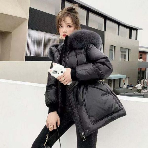 women's down parkas winter jacket white duck thicken coat fur hooded warm 221205, Black
women's down parkas winter jacket white duck thicken coat fur hooded warm 221205, Black