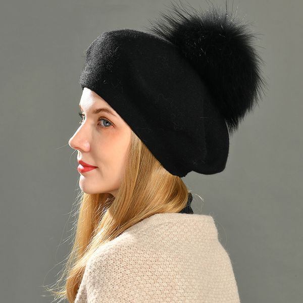 berets autumn winter hat women casual knitted wool with real raccoon fur pom ladies angola cashmere female 221205, Blue;gray
berets autumn winter hat women casual knitted wool with real raccoon fur pom ladies angola cashmere female 221205, Blue;gray