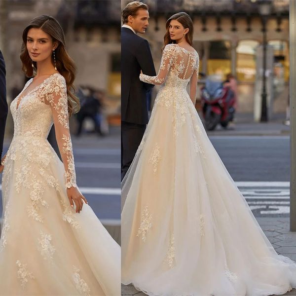 elegant a line v neck wedding dress for women long sleeves bridal gowns appliques button back vestido de novia, White
elegant a line v neck wedding dress for women long sleeves bridal gowns appliques button back vestido de novia, White