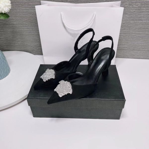 

Luxury 5a Leather Sandals Sexy Diamond Party Shoes Stiletto Heel Designer Shoes Comfortable Shine Jelly Clour Dress Wedding Back Elastic Band Fashion Classic Brand