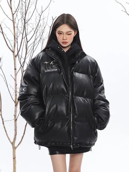 women's down parkas winter design metal pu leather cotton padded jacket womens korean version thickened stand collar bread fashion 2212, Black
women's down parkas winter design metal pu leather cotton padded jacket womens korean version thickened stand collar bread fashion 2212, Black