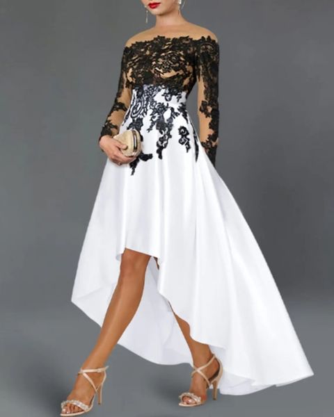 fashion high low women prom formal dress 2023 sheer neck long sleeves appliques lace satin evening party gowns robe de soiree, Black
fashion high low women prom formal dress 2023 sheer neck long sleeves appliques lace satin evening party gowns robe de soiree, Black