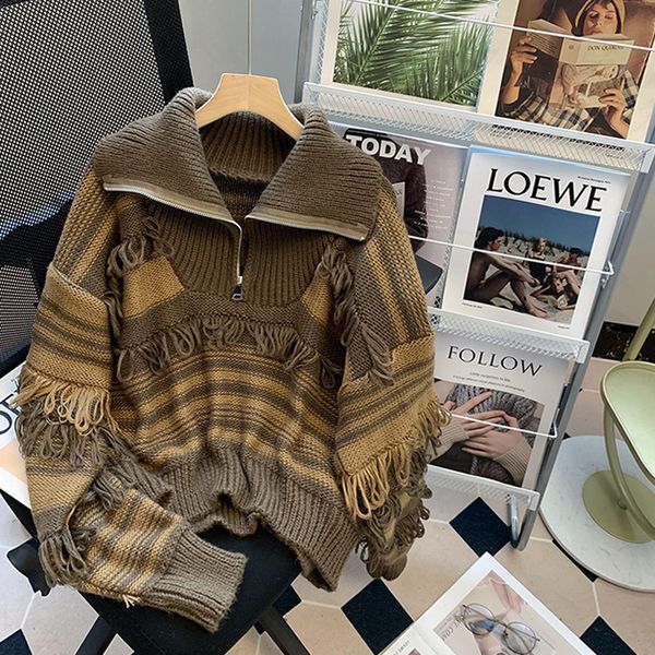 women s sweaters vintage sweater tassels polo zipper pullovers puff sleeve striped print thick knitted jumper for women 221206, White;black
women s sweaters vintage sweater tassels polo zipper pullovers puff sleeve striped print thick knitted jumper for women 221206, White;black
