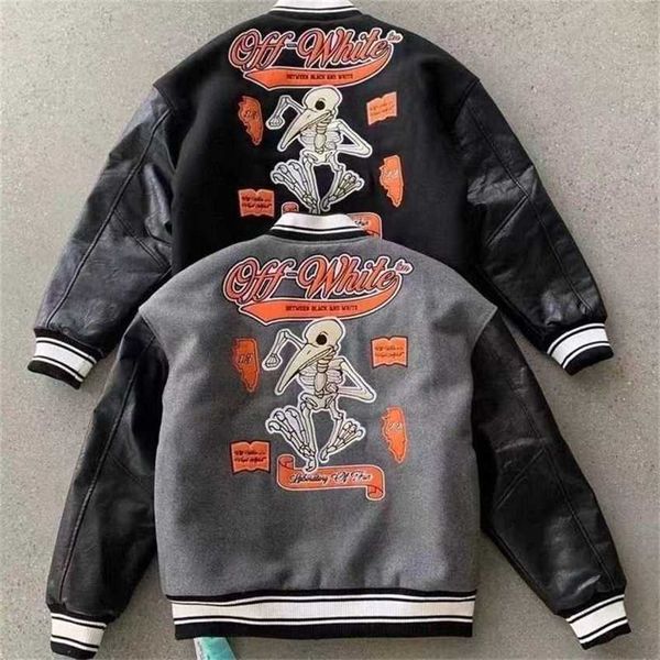 offs high edition white jacket fashion brand coat new ow skull lettering embroidered men's and women's leather patchwork baseball, Black;brown
offs high edition white jacket fashion brand coat new ow skull lettering embroidered men's and women's leather patchwork baseball, Black;brown