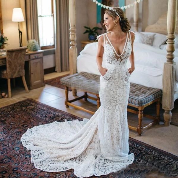 bohemian lace mermaid wedding dresses backless deep v neck chapel train with pockets full lace summer beach bridal dress inbal dror, White
bohemian lace mermaid wedding dresses backless deep v neck chapel train with pockets full lace summer beach bridal dress inbal dror, White