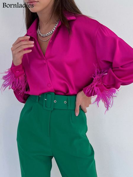 women's blouses shirts bornladies feather cuffs elegant women rose pink oversized and splicing spring satin office ladies 221205, White
women's blouses shirts bornladies feather cuffs elegant women rose pink oversized and splicing spring satin office ladies 221205, White