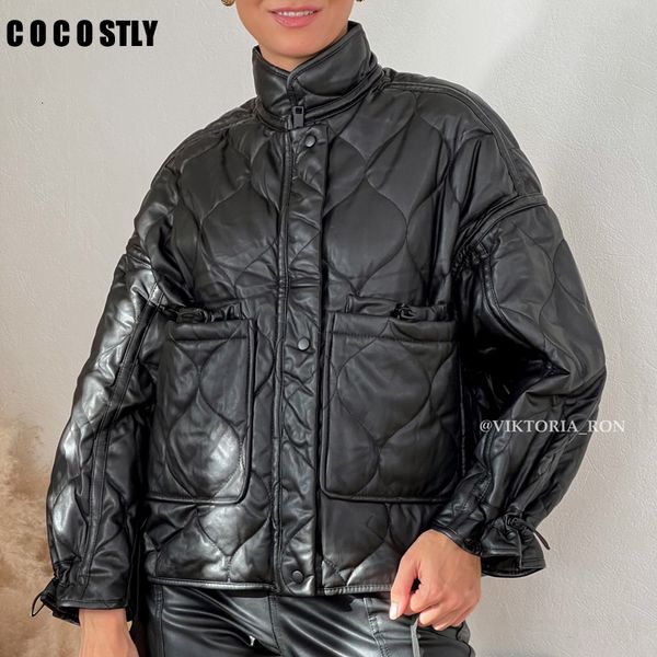 women's leather faux winter jacket women parkas stand collar loose drawstring leather parka coat cotton short trf 221206, Black
women's leather faux winter jacket women parkas stand collar loose drawstring leather parka coat cotton short trf 221206, Black