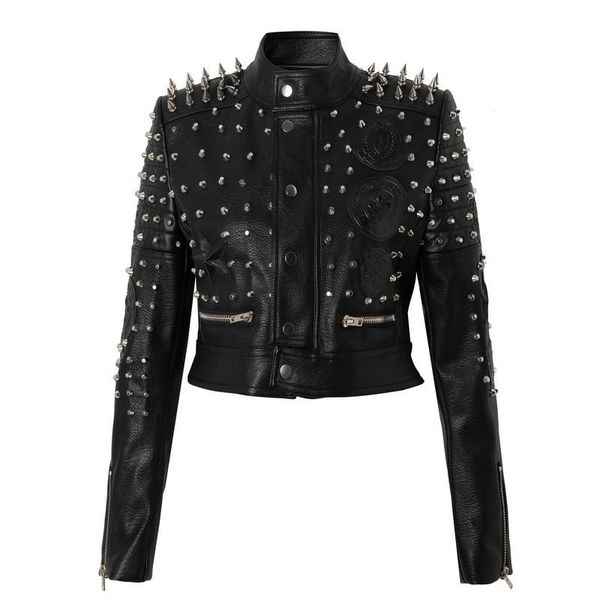 women's leather faux punk style short jacket women graffiti studded rivet fashion high waist motorcycle jackets 221206, Black
women's leather faux punk style short jacket women graffiti studded rivet fashion high waist motorcycle jackets 221206, Black