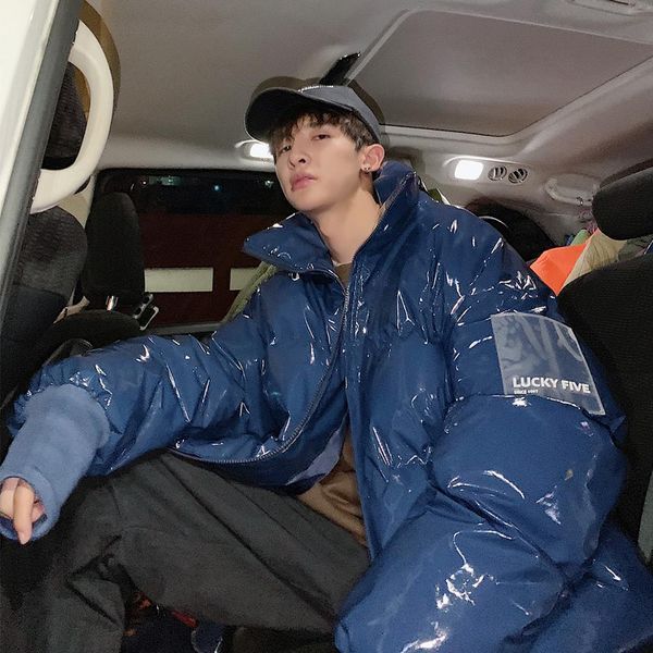 men s down parkas winter collar loose bright leather fabric jacket wind thick warm coat men women couple purple cotton clothing 221205, Black 
men s down parkas winter collar loose bright leather fabric jacket wind thick warm coat men women couple purple cotton clothing 221205, Black