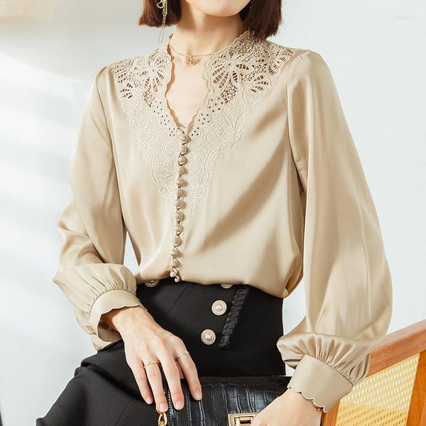 women's blouses real silk women's satin shirt elegant hollow out v-neck long sleeve embroidery woman shirts office, White
women's blouses real silk women's satin shirt elegant hollow out v-neck long sleeve embroidery woman shirts office, White