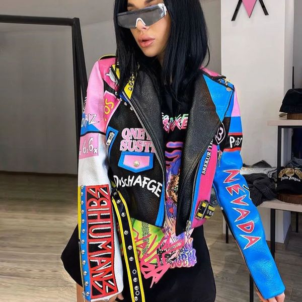 women's leather faux women winter and autumn colorful graffiti jackets rivet fashion streetwear motorcycle coat 221206, Black
women's leather faux women winter and autumn colorful graffiti jackets rivet fashion streetwear motorcycle coat 221206, Black