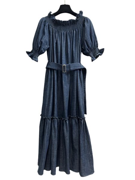 23 early spring new off shoulder lantern sleeve off shoulder denim dress, Black;gray