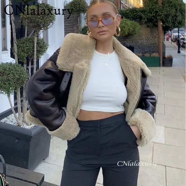 women's leather faux cnlalaxury winter women thick vintage jacket casual zipper warm lambswool biker coat female short outwear 221206, Black
women's leather faux cnlalaxury winter women thick vintage jacket casual zipper warm lambswool biker coat female short outwear 221206, Black