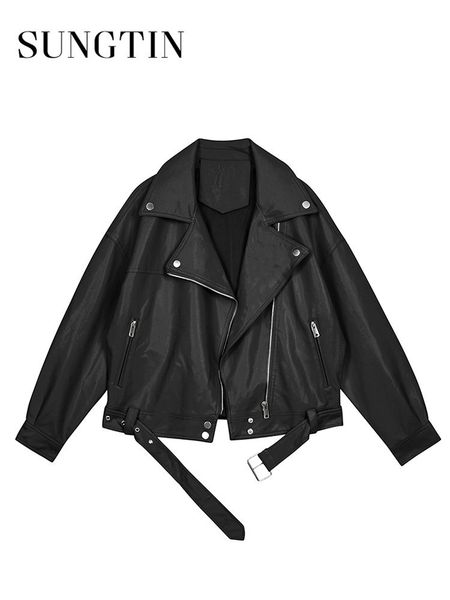 women's leather faux sungtin loose pu jacket women with belt black soft street moto biker coat outerwear 221206
women's leather faux sungtin loose pu jacket women with belt black soft street moto biker coat outerwear 221206