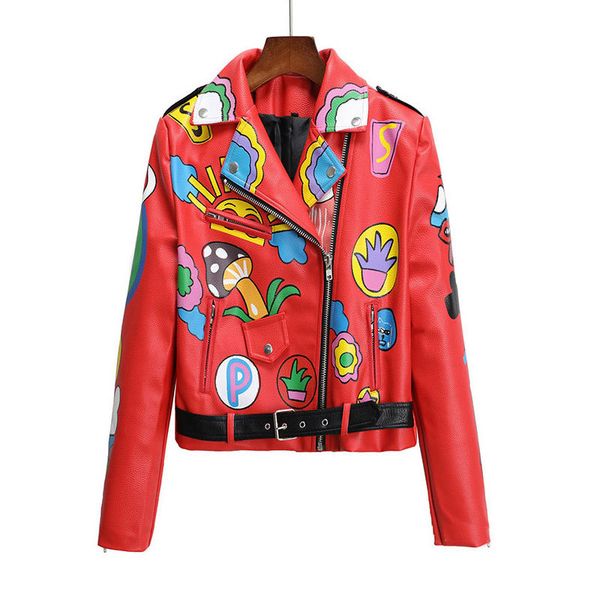 women's leather faux spring and autumn red jacket women cute graffiti studded rivet punk streetwear motorcycle coat 221206, Black
women's leather faux spring and autumn red jacket women cute graffiti studded rivet punk streetwear motorcycle coat 221206, Black