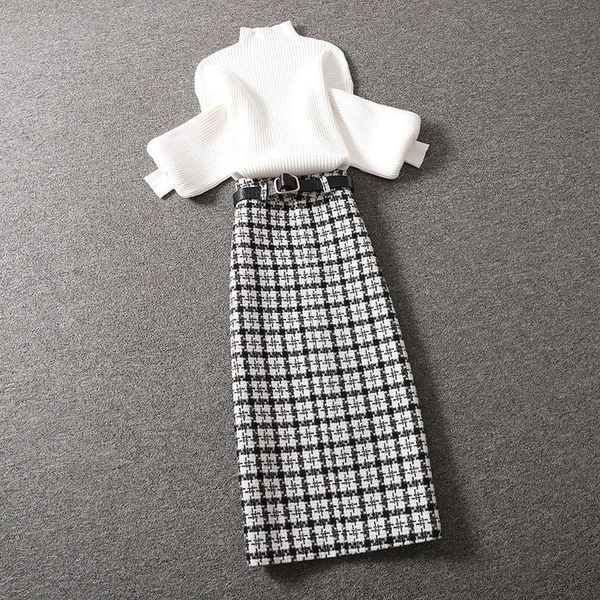 two piece dress lantern sleeve half high collar soft knitted sweater vintage plaid waist belt skirts twopiece set womens outifits suit 22120, White
two piece dress lantern sleeve half high collar soft knitted sweater vintage plaid waist belt skirts twopiece set womens outifits suit 22120, White