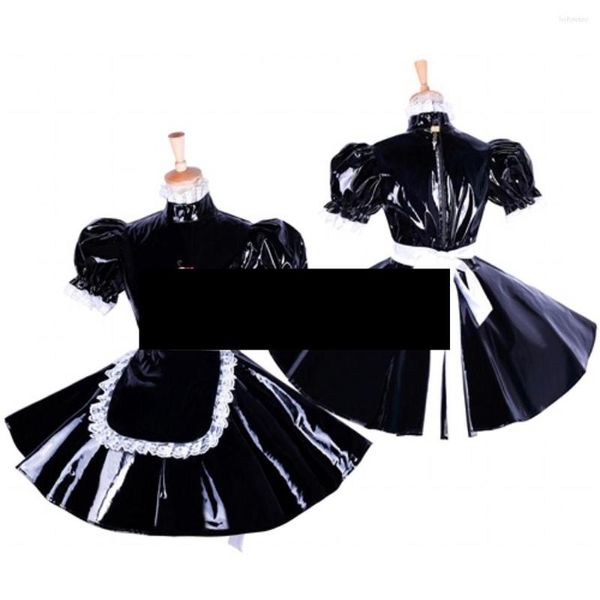 

casual dresses lockable cute maid uniform cosplay pvc lolita dress short puff sleeve halloween outfit crossdresser plus size sissy, Black;gray