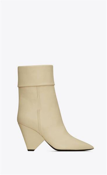 paris niki boots real beige smooth leather metal logo booties pointed toe stacked cone heel folded shaft shoes, Black
paris niki boots real beige smooth leather metal logo booties pointed toe stacked cone heel folded shaft shoes, Black