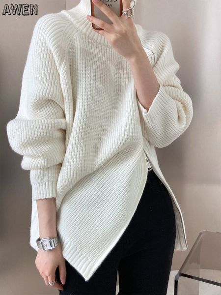 women s sweaters turtleneck zipper design oversized knitted sweater gray white black high neck autumn winter solid loose jumper 221206
women s sweaters turtleneck zipper design oversized knitted sweater gray white black high neck autumn winter solid loose jumper 221206