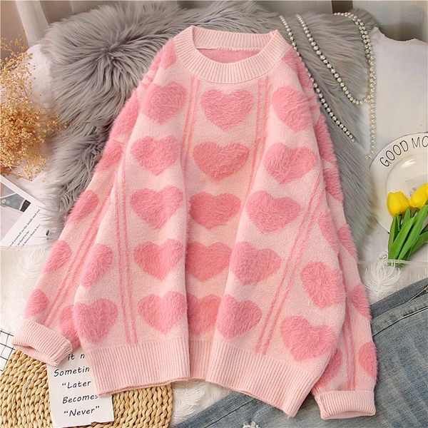 women s sweaters pink sweater women autumn winter oversized pullover faux mink cashmere loose sweet heart print a0240 221206, White;black
women s sweaters pink sweater women autumn winter oversized pullover faux mink cashmere loose sweet heart print a0240 221206, White;black
