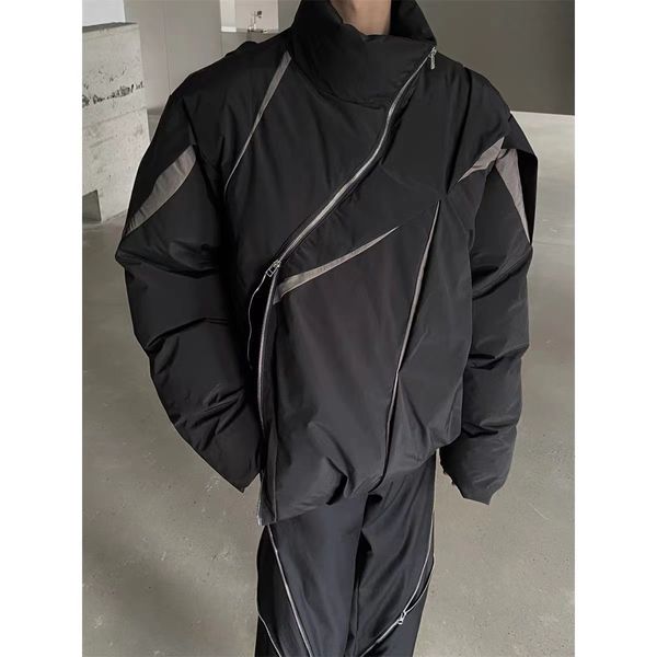 men's down parkas fw22 street irregular metal nylon color contrast short oblique zipper cotton jacket for men and women 221207, Black
men's down parkas fw22 street irregular metal nylon color contrast short oblique zipper cotton jacket for men and women 221207, Black