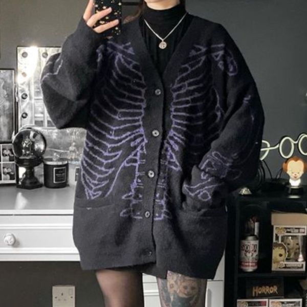 women s knits tees skeleton print cardigan sweater hip hop streetwear gothic punk vintage retro button long sleeve v neck knitted s 221206, White
women s knits tees skeleton print cardigan sweater hip hop streetwear gothic punk vintage retro button long sleeve v neck knitted s 221206, White
