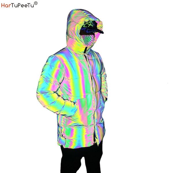 men's down parkas winter spring men rainbow reflective jacket safety thick cotton long coat plus size loose hip hop hooded outwear stre, Black
men's down parkas winter spring men rainbow reflective jacket safety thick cotton long coat plus size loose hip hop hooded outwear stre, Black