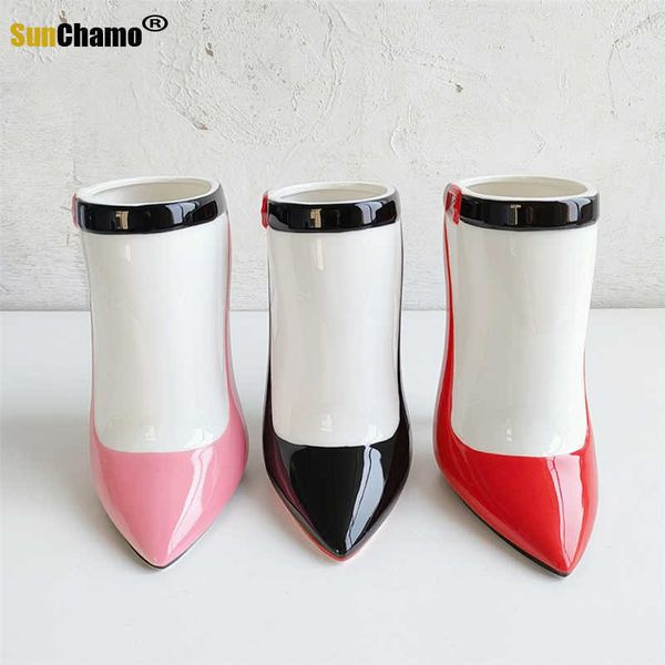 Image of Vases Ceramic Vase Creative High-heeled Shoe Flower Arrangement Pink Girl Flower Decoration Personalized Gift T221205