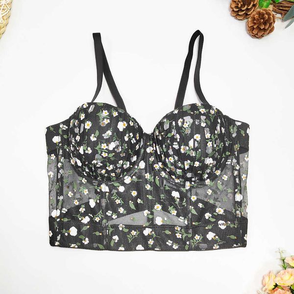 mesh printed waistcoat strap elegant versatile short floral pleated bra, White