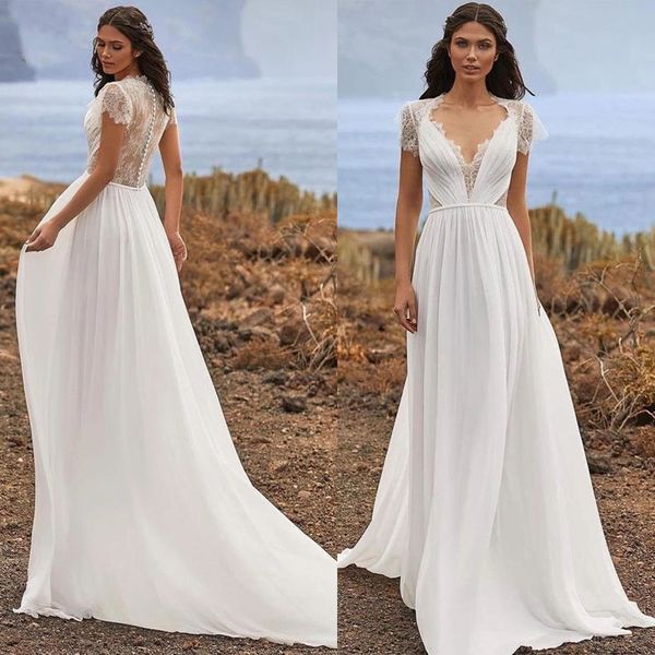 2022 boho chiffon wedding dress v-neck cap sleeve bridal gown a-line lace appliques vestidos de novia for women, White
2022 boho chiffon wedding dress v-neck cap sleeve bridal gown a-line lace appliques vestidos de novia for women, White