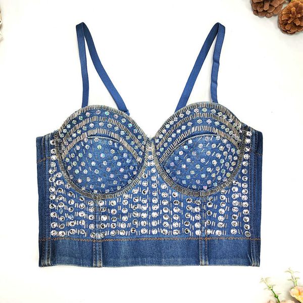 beaded denim sling wearing underwear with steel ring shaped chest wrapping fishbone top, White
beaded denim sling wearing underwear with steel ring shaped chest wrapping fishbone top, White