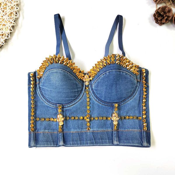 denim suspenders wear fishbone shaping bodice nail beads bullet head decoration personality girl blouse, White
denim suspenders wear fishbone shaping bodice nail beads bullet head decoration personality girl blouse, White