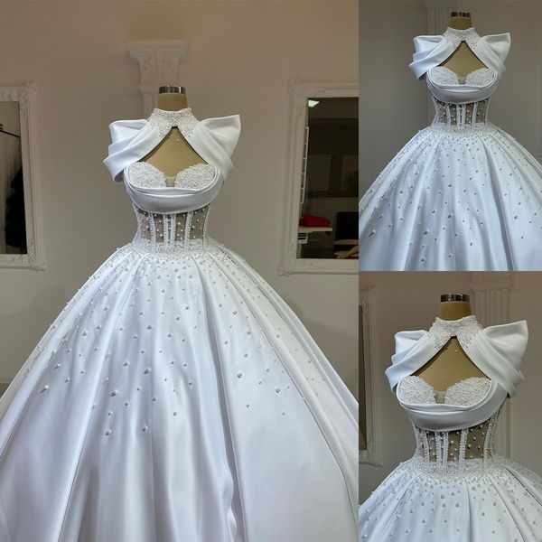luxurious ball gown wedding dresses halter sleeveless with pearls hollow design backless high grade stain floor length custom made plus side, White
luxurious ball gown wedding dresses halter sleeveless with pearls hollow design backless high grade stain floor length custom made plus side, White