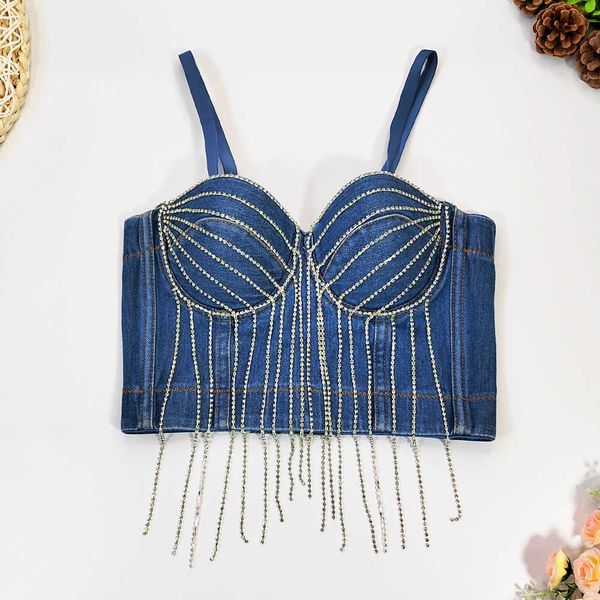 customized denim wrap breast nail bead bright diamond tassel sling underwear with steel ring shaped corset bra, White
customized denim wrap breast nail bead bright diamond tassel sling underwear with steel ring shaped corset bra, White