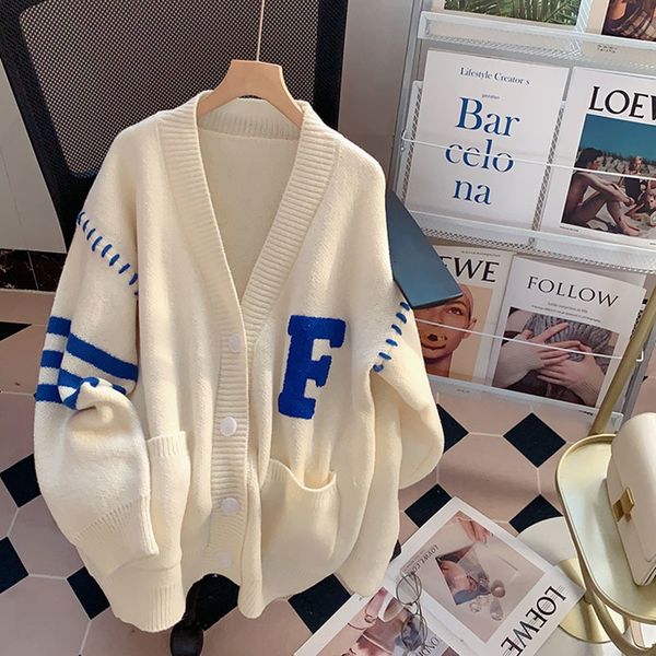 women s knits tees autumn winter oversized sweaters letter jacquard coats long sleeve sweater women knitted jackets 221206, White
