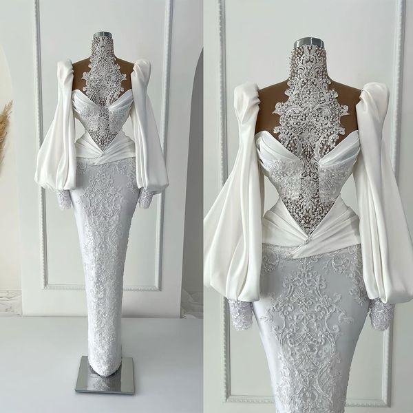 gorgeous mermaid wedding dresses high colllar long sleeves pearls beads appliques lace bridal gowns custom made sweep train vestidos de novi, White
gorgeous mermaid wedding dresses high colllar long sleeves pearls beads appliques lace bridal gowns custom made sweep train vestidos de novi, White