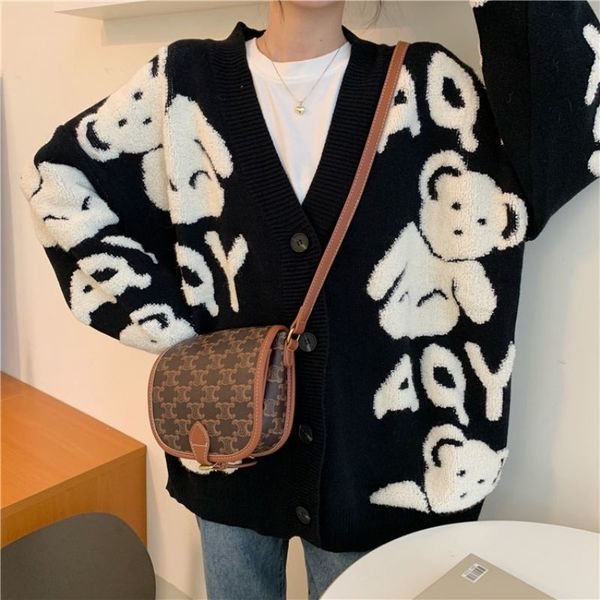 women s knits tees lazy style sweater coat women autumn winter loose outwear retro gentle cartoon bear thickened knitted single breasted car, White
women s knits tees lazy style sweater coat women autumn winter loose outwear retro gentle cartoon bear thickened knitted single breasted car, White