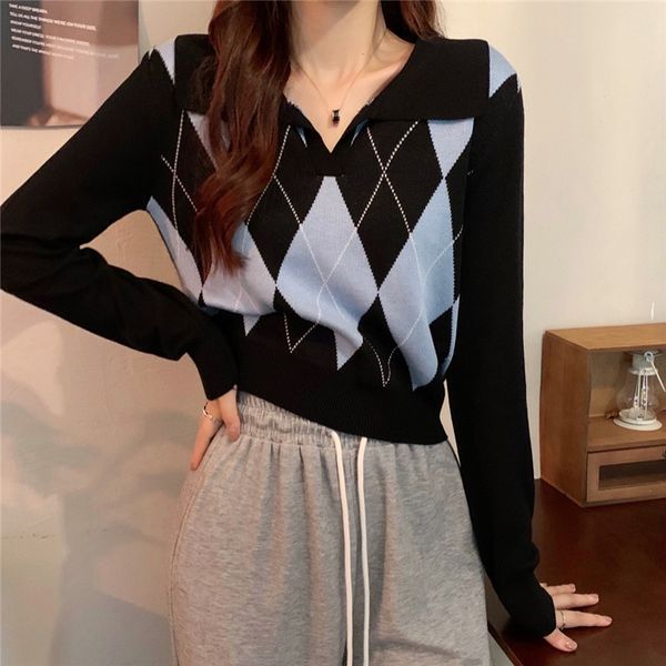 women s sweaters ladies autumn winter plaid long sleeve loose turn down collar sweater women knitted pullover pull femme fashion 221206, White;black
women s sweaters ladies autumn winter plaid long sleeve loose turn down collar sweater women knitted pullover pull femme fashion 221206, White;black