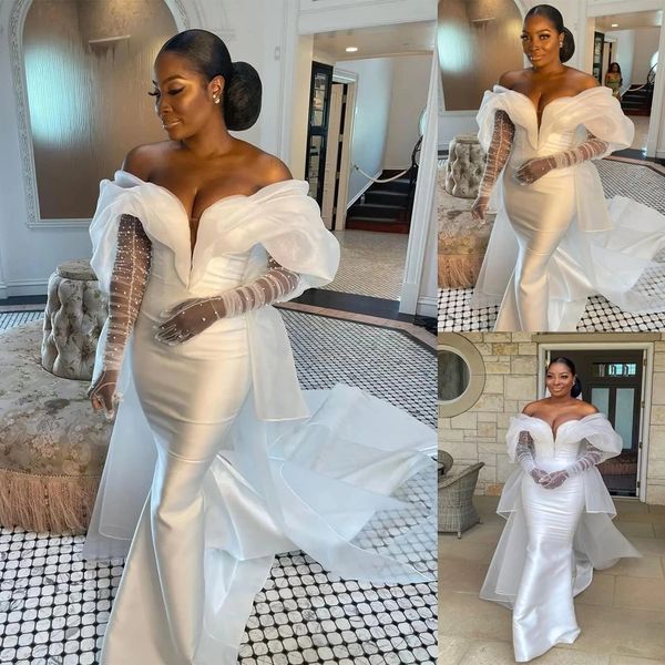 lace applique mermaid wedding dresses african off shoulder bridal gowns with gloves plus size robe de mariee, White
lace applique mermaid wedding dresses african off shoulder bridal gowns with gloves plus size robe de mariee, White