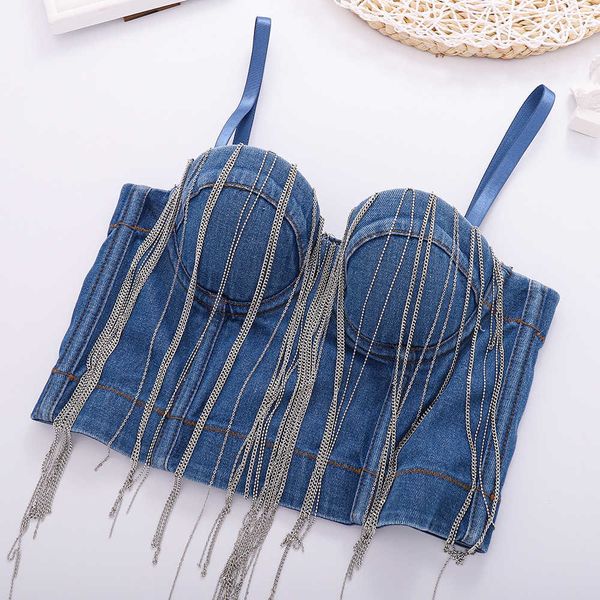 tassel chain sling denim bra put on outside gather the side breasts have steel rings short detachable shoulder straps to wrap the chest, White
tassel chain sling denim bra put on outside gather the side breasts have steel rings short detachable shoulder straps to wrap the chest, White