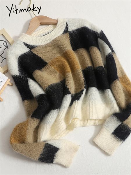 women s sweaters yitimoky plaid sweater for women fall winter korean fashion o neck elegant jumpers office ladies overzied casual pullovers, White;black
women s sweaters yitimoky plaid sweater for women fall winter korean fashion o neck elegant jumpers office ladies overzied casual pullovers, White;black