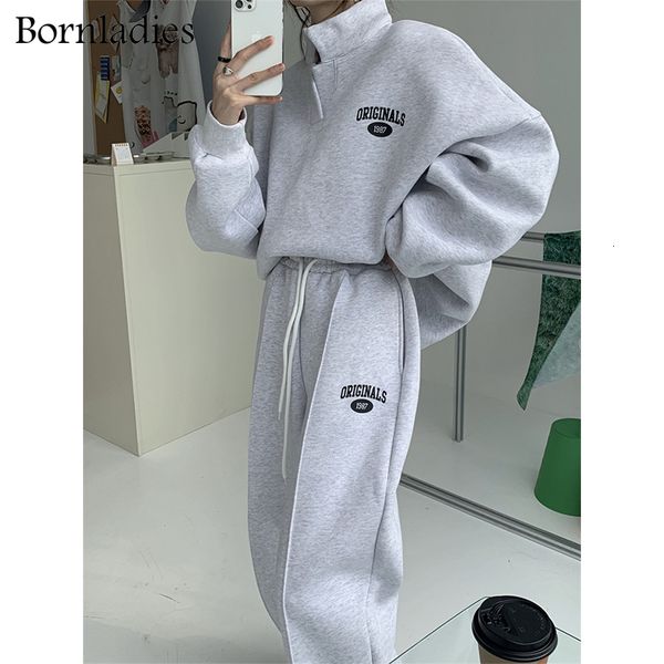 women s two piece pants bornladies women cotton sweatshirt suit oversized sets female stand collar loose long suits short 221206, White 
women s two piece pants bornladies women cotton sweatshirt suit oversized sets female stand collar loose long suits short 221206, White