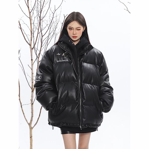 women's down parkas black pu leather cotton parka coat warm thick winter fashion loose wild casual faux puffer jacket 221207
women's down parkas black pu leather cotton parka coat warm thick winter fashion loose wild casual faux puffer jacket 221207