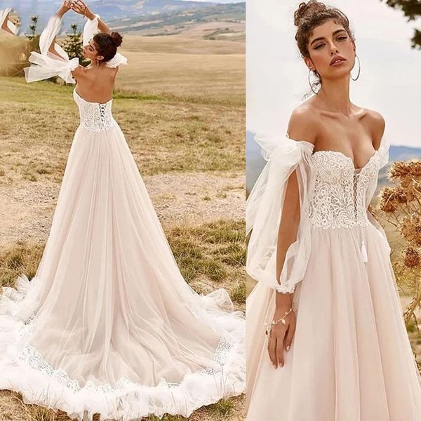 boho sweetheart a-line wedding dresses with detachable sleeves bridal gowns corset tulle court train vestidos de novia, White
boho sweetheart a-line wedding dresses with detachable sleeves bridal gowns corset tulle court train vestidos de novia, White