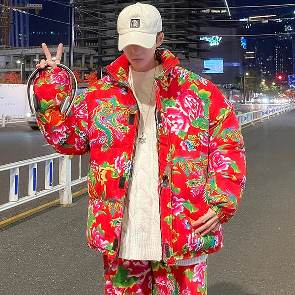 men's down parkas northeast big flower print cotton padded coat red year trendy thickened pattern 221207, Black
men's down parkas northeast big flower print cotton padded coat red year trendy thickened pattern 221207, Black